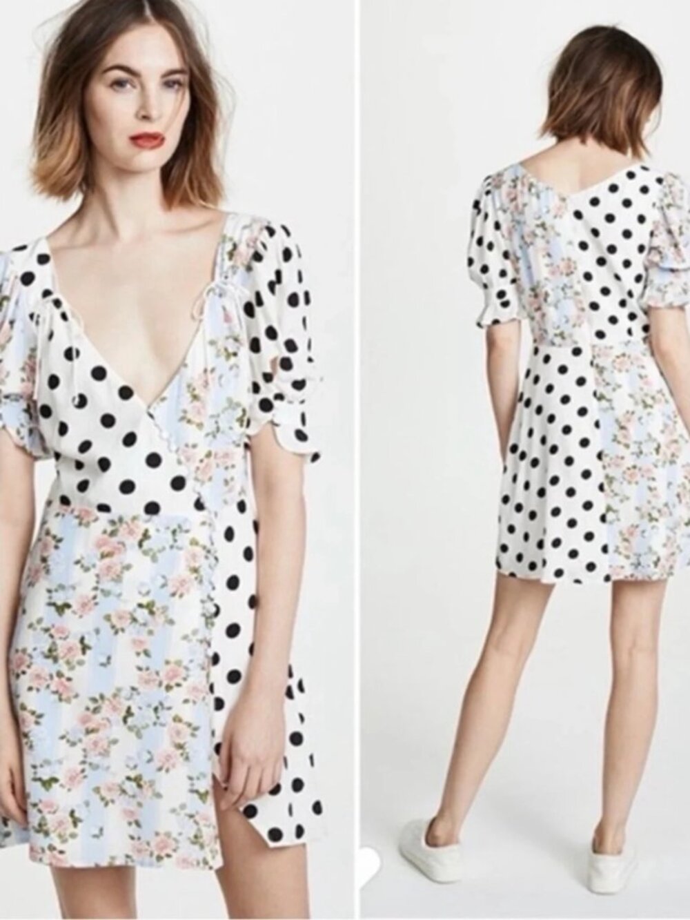 For Love and Lemons Savannah Mini Wrap Dress Floral Retro Blue White Size XS